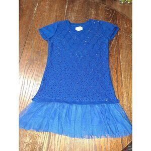 Sz 18 Justice Short Sleeve Blue Knit Sequin Sweater Tutu Dress Tulle Lined Skirt